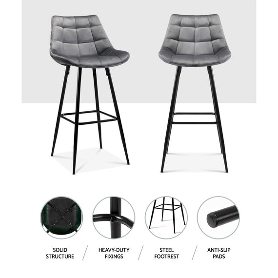 Artiss 2x Bar Stools Velvet Chairs Grey
