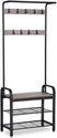 Greige and Black Steel Freestanding Coat Rack Stand with Removable Hooks, Bench and Shoe Rack, Height 183 cm