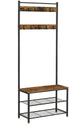 Rustic Brown Coat Rack Stand with Hallway Shoe Rack and Bench with Shelves Matte Metal Frame Height 175 cm