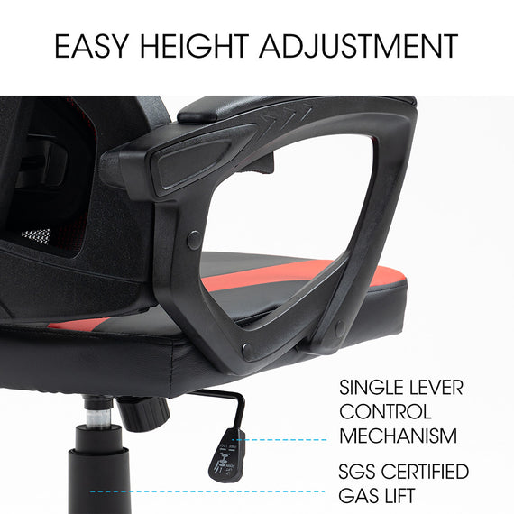 OVERDRIVE Ergonomic Gaming Chair, Height Adjustable Lumbar Support, Mesh Fabric, Faux Leather, Headrest, Black/Red