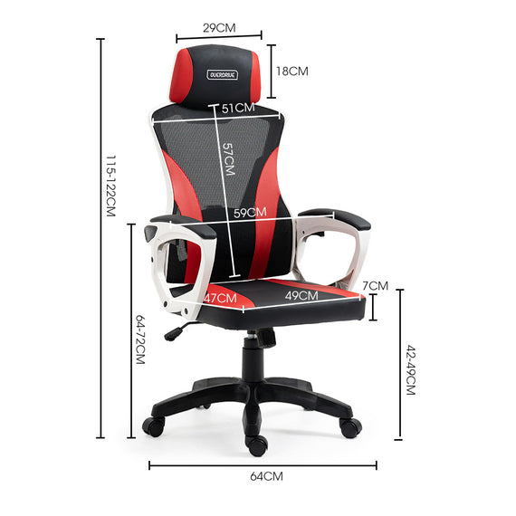 OVERDRIVE Ergonomic Gaming Chair, Height Adjustable Lumbar Support, Mesh Fabric, Faux Leather, Headrest, White/Black/Red