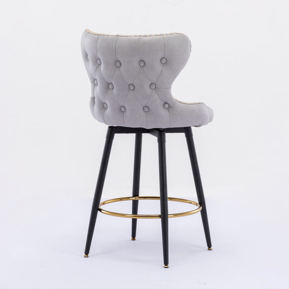 2x Swivel Bar Stools Tufted Counter Chairs with Stud Trim and Metal Base-Light Grey