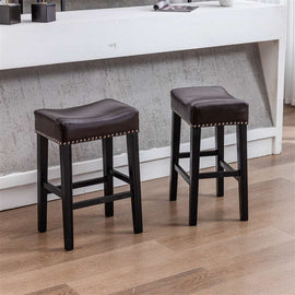 2x Wooden Legs Saddle Bar Stools Backless Leather Padded Counter Chairs 66cm Height
