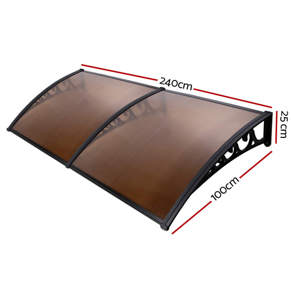 Instahut Window Door Awning 1mx2.4m Brown Hollow Sheet Plastic Frame