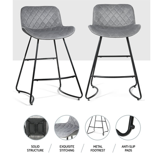 Artiss 2x Bar Stools Velvet Seat Metal Legs Grey