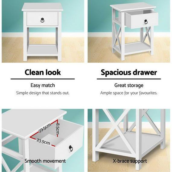 Artiss Bedside Table 1 Drawer with Shelf x2 - EMMA White