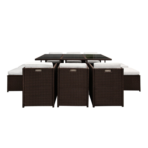 Gardeon 11 Piece PE Wicker Outdoor Dining Set - Brown & White