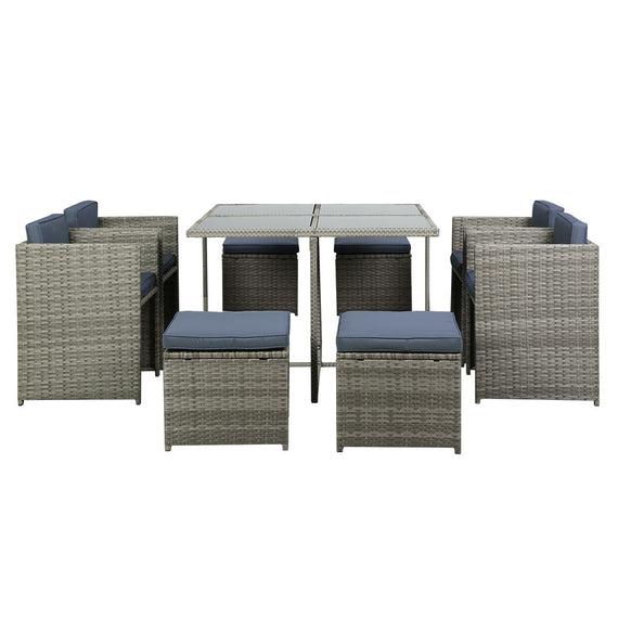 Gardeon Outdoor Dining Set 9 Piece Wicker Table Chairs Setting Grey
