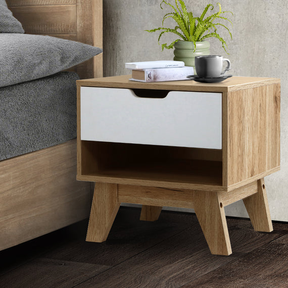 Artiss Bedside Table 1 Drawer with Shelf - IKER White & Oak