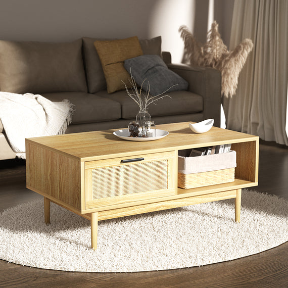 Artiss Rattan Coffee Table with Storage Drawers Shelf Modern Wooden Tables
