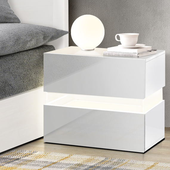 Artiss Bedside Table 2 Drawers RGB LED Side Nightstand High Gloss Cabinet White