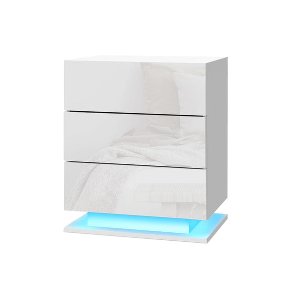 Artiss Bedside Table LED 3 Drawers - MORI White