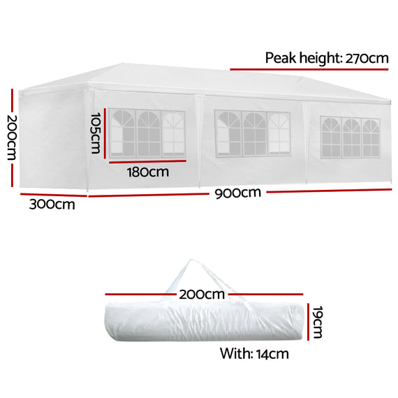 Instahut Gazebo 3x9m Marquee Wedding Party Tent Outdoor Camping Side Wall Canopy 8 Panel White