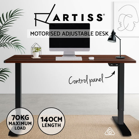 Artiss Standing Desk Adjustable Height Desk Electric Motorised Black Frame Walnut Desk Top 140cm