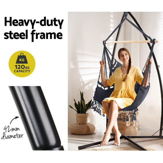Gardeon Hammock Chair with Steel Stand Hanging Outdoor Tassel Grey