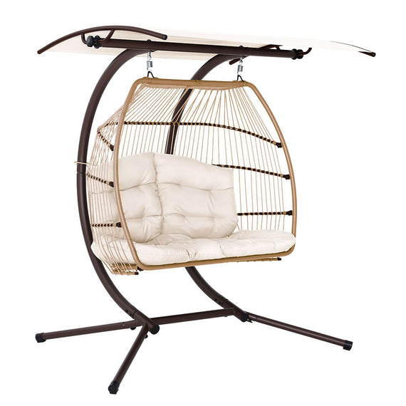 Gardeon Outdoor Egg Swing Chair Wicker Furniture Pod Stand Canopy 2 Seater Latte