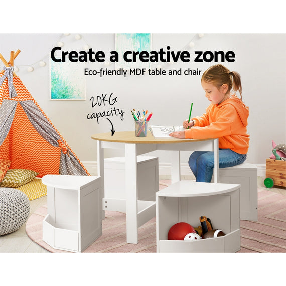 Keezi 5 PCS Kids Table and Chairs Set Storage Chair Wooden Play Study Desk Sets