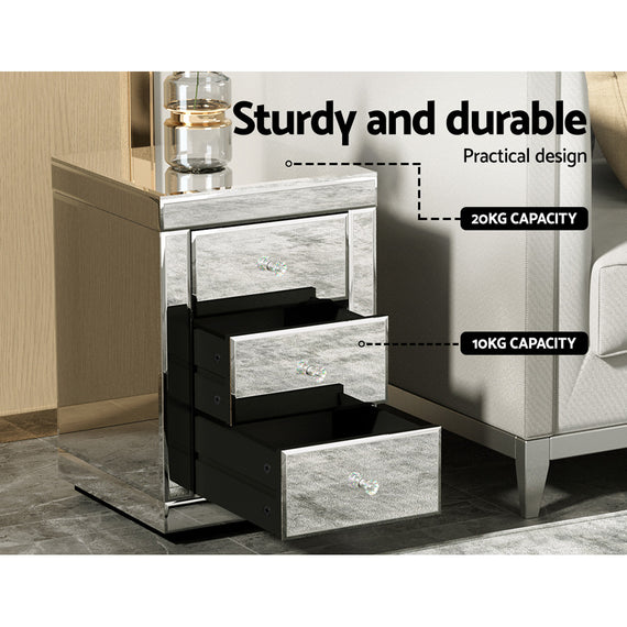 Artiss Bedside Table 3 Drawers Mirrored X2 - PRESIA Silver