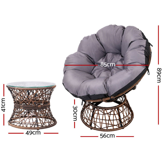Gardeon Outdoor Lounge Setting Papasan Chairs Table Patio Furniture Wicker Brown