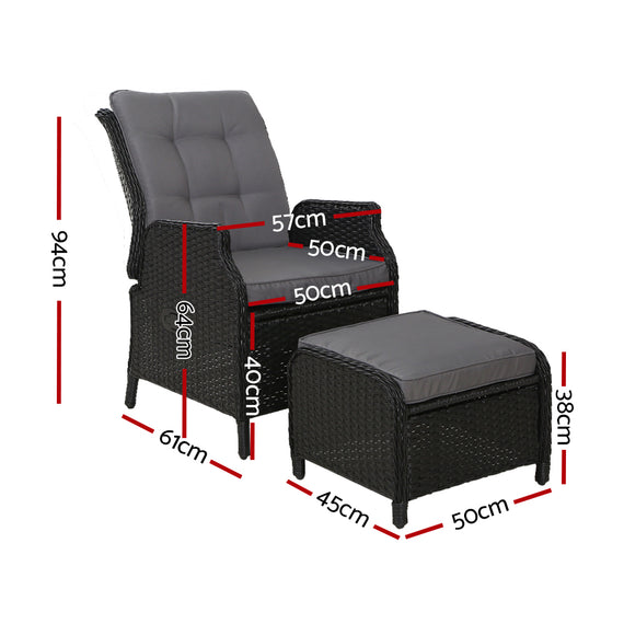 Gardeon Recliner Chair Sun lounge Wicker Lounger Outdoor Furniture Patio Adjustable Black