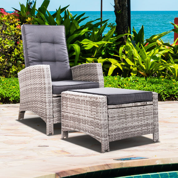 Gardeon Recliner Chair Sun lounge Wicker Lounger Outdoor Patio Furniture Adjustable Grey