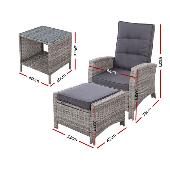 Gardeon Outdoor Setting Recliner Chair Table Set Wicker lounge Patio Furniture Grey