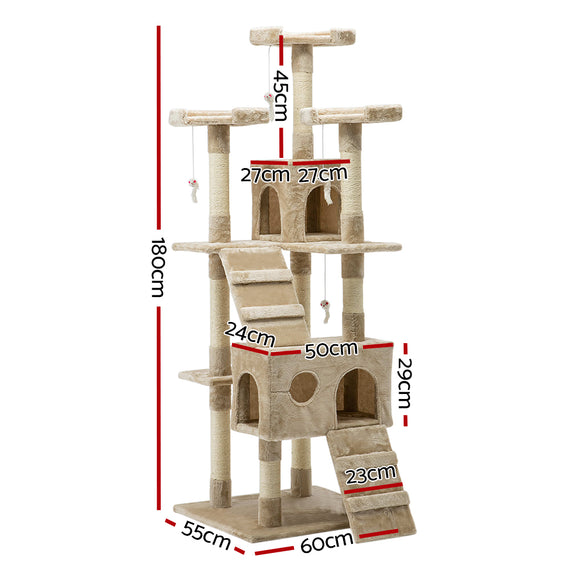 i.Pet Cat Tree 180cm Tower Scratching Post Scratcher Wood Condo House Toys Beige