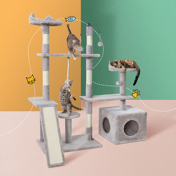 i.Pet Cat Tree 135cm Tower Scratching Post Scratcher Wood Condo House Toys Grey