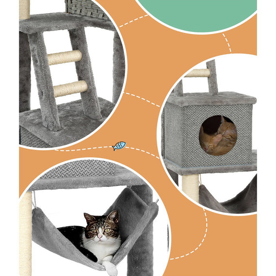 i.Pet Cat Tree 169cm Tower Scratching Post Scratcher Wood Bed Condo House Rattan Ladder