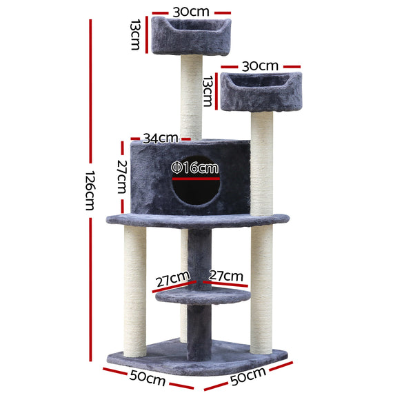 i.Pet Cat Tree 126cm Tower Scratching Post Scratcher Condo Trees House Grey