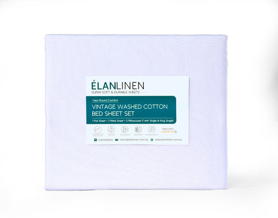 Elan Linen 100% Egyptian Cotton Vintage Washed 500TC White Double Bed Sheets Set