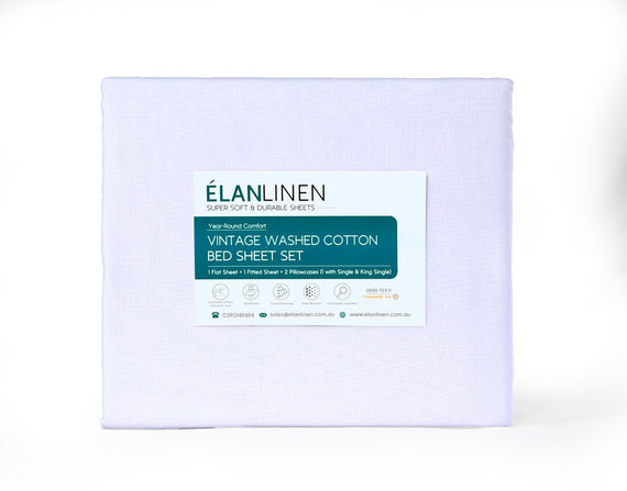 Elan Linen 100% Egyptian Cotton Vintage Washed 500TC White 50 cm deep Mega King Bed Sheets Set