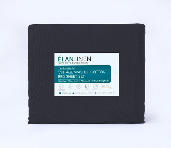 Elan Linen 100% Egyptian Cotton Vintage Washed 500TC Charcoal 50 cm Deep Mega Queen SIze Bed Sheets Set