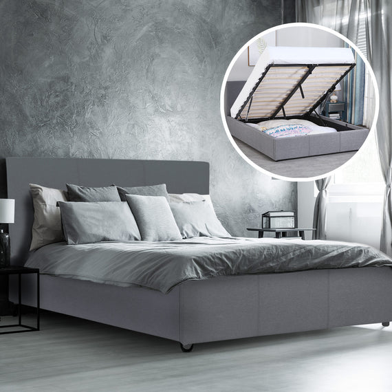 Milano Luxury Gas Lift Bed Frame Base And Headboard With Storage - Queen - Grey