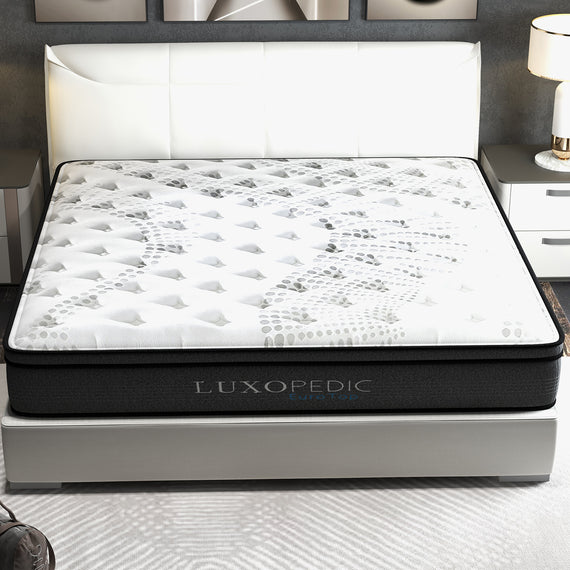 Luxopedic Pocket Spring Mattress 5 Zone 32CM Euro Top Memory Foam Medium Firm - Double - White  Grey