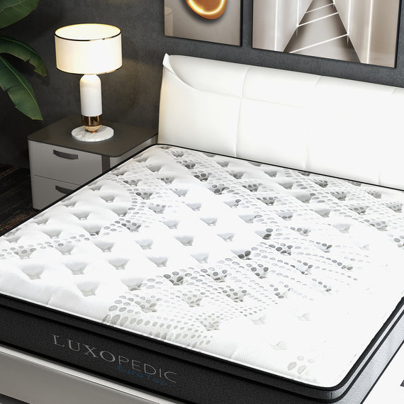 Luxopedic Pocket Spring Mattress 5 Zone 32CM Euro Top Memory Foam Medium Firm - Double - White  Grey