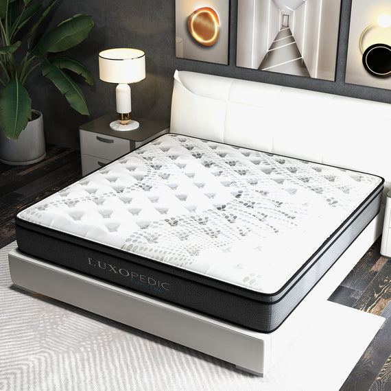 Luxopedic Pocket Spring Mattress 5 Zone 32CM Euro Top Memory Foam Medium Firm - King - White  Grey