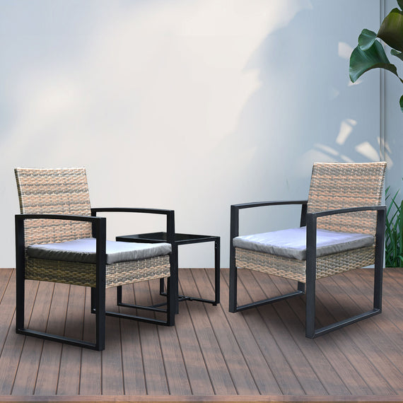 Arcadia Furniture Outdoor 3 Piece Wicker Rattan Patio Set Garden Patio Home - Oatmeal and Grey