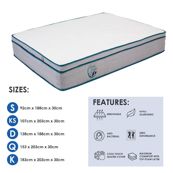 Sleepy Panda Mattress 5 Zone Pocket Spring EuroTop Medium Firm 30cm Thickness - King - White  Grey  Blue