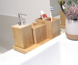 Bamboo Bathroom Accessories Set | Soap Dispenser, Toothbrush Holder, Storage Box & Tray