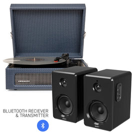 CROSLEY Crosley Voyager Bluetooth Portable Turntable - Navy + Bundled Majority D40 Bluetooth Speakers - Black