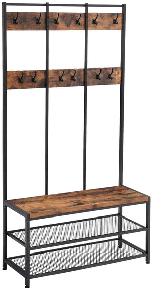 Large Coat Rack Stand with 12 Hooks and Shoe Bench Rustic Brown and Black