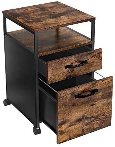 File Cabinet with 2 Drawers, Wheels and Open Compartment Rustic Brown and Black