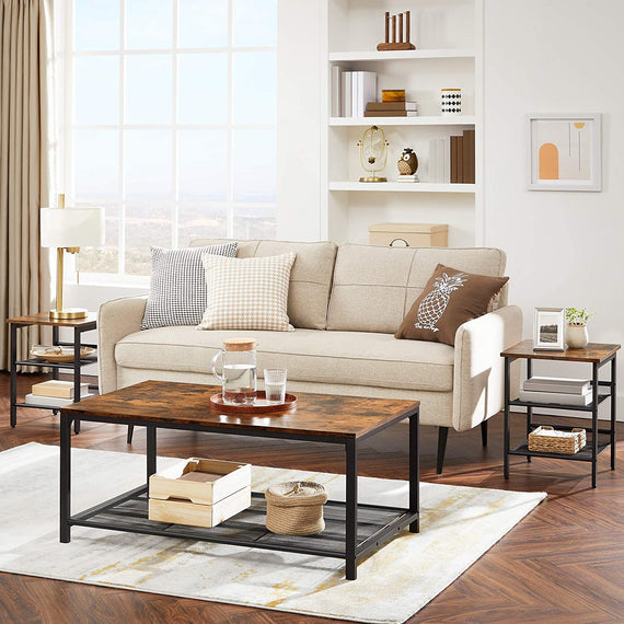 Coffee Table with Dense Mesh Shelf Rustic Brown