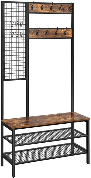 Coat Rack Stand Industrial Style with Grid Wall and Shoe storage 185 cm Tall Rustic Brown