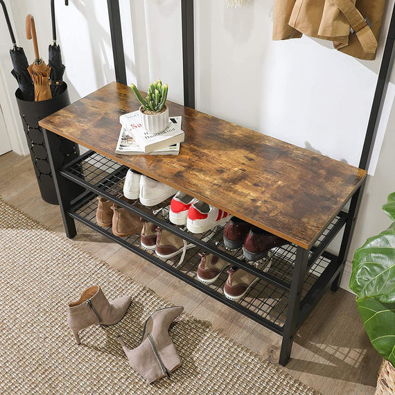 Coat Rack Stand Industrial Style with Grid Wall and Shoe storage 185 cm Tall Rustic Brown