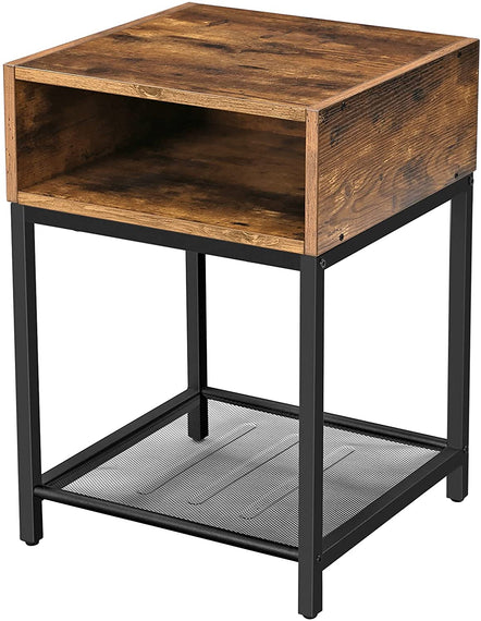 Side Table with Open Compartment and Mesh Shelf Rustic Brown and Black