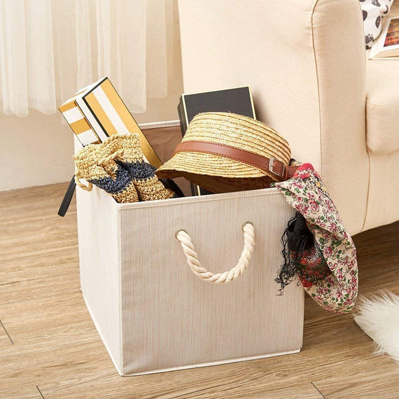 Pack of 2  Foldable Bamboo Fabric Storage Bin with Cotton Rope Handle and Collapsible Resistant Basket Box Organizer for Shelves - Beige (33 x 33 x 33 cm)