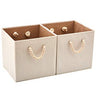 Pack of 2  Foldable Bamboo Fabric Storage Bin with Cotton Rope Handle and Collapsible Resistant Basket Box Organizer for Shelves - Beige (33 x 33 x 33 cm)