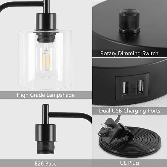 Industrial Table Lamp with 2 USB Port for Bedside Nightstand Desk and Living Room Office (Bulb not Included)